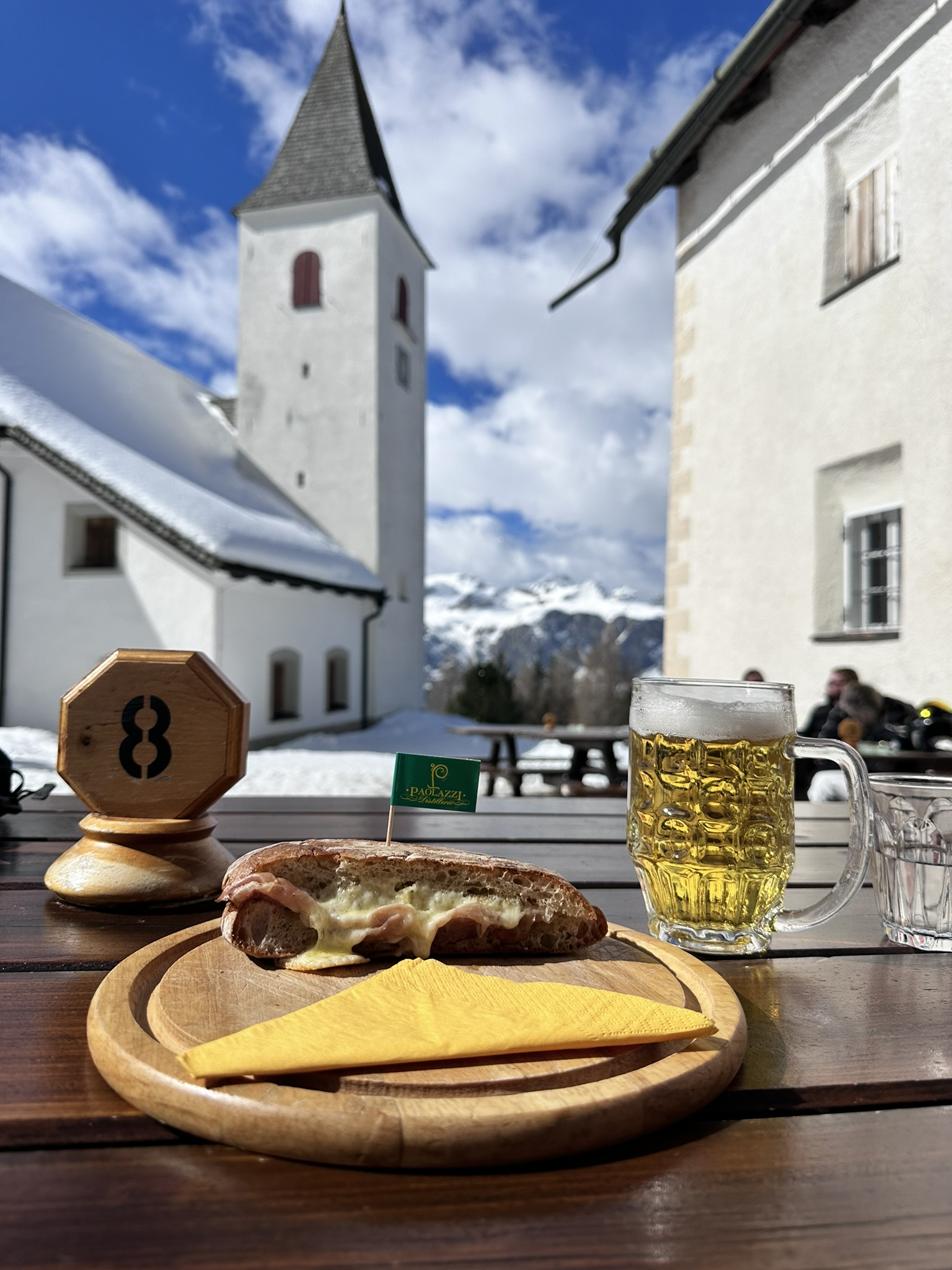 Lunch below the chapel, La Crusc